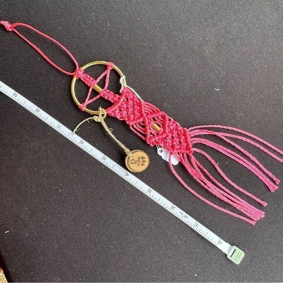 Handmade Pink Macrame Hanging with Brass Color Ring - Picture 4 of 4